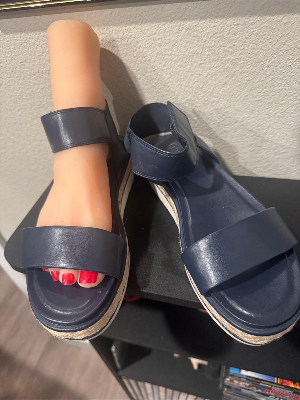 Franco Sarto Navy Leather Platform Sandals with Ankle Strap
